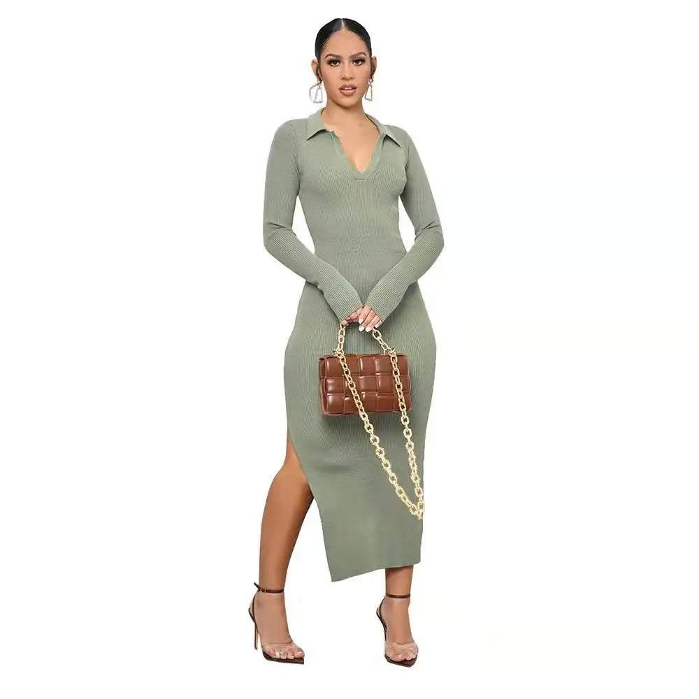 2022 Hot Sell Summer v Neck Bodycon Casual Backless Dresses Elegant Sexy Long Sleeve Dress for Women - My Store