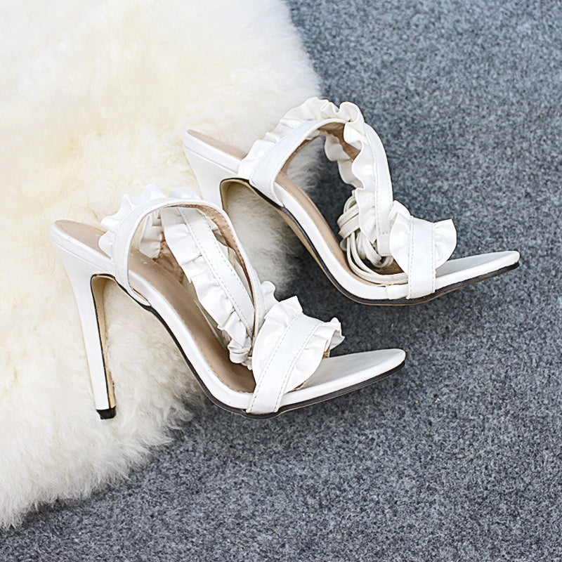 Deleventh Shoes 747 Ladies Fashion Ankle Cross Strap High Heels Pencil Heel White Lace Up Sandals Heels for Ladies Stock Sandals