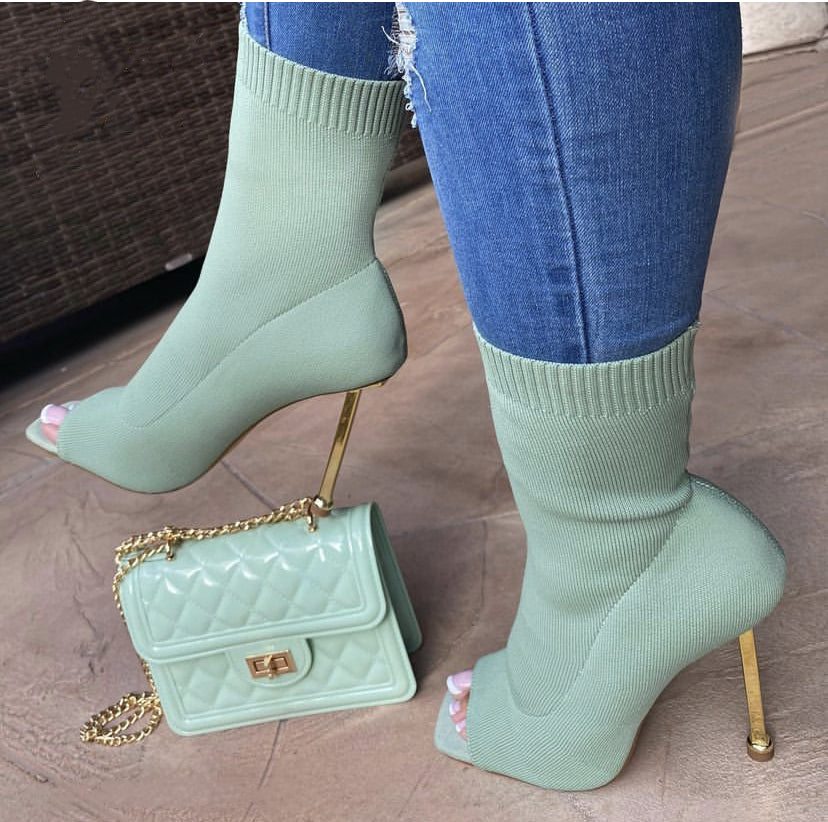 Women Ankle Boots Slip-On Open Toe Ladies Socks Boots Thin High Heels Female Fashion Short Boot Woman Shoes Booties 2022