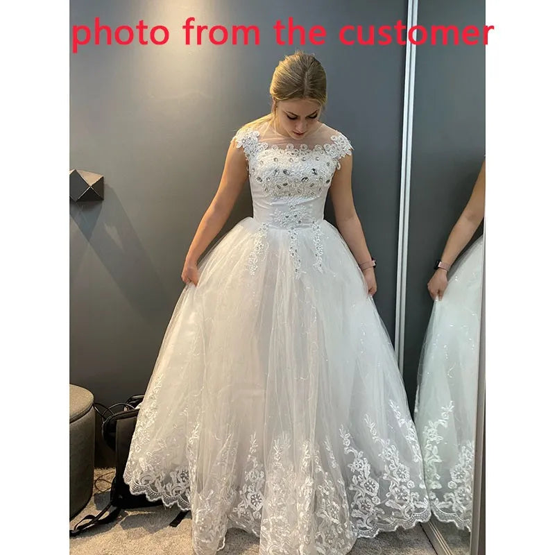 Ezkuntza 2024 Diamond Wedding Dress O-Neck Beading Ball Gown Simple Cheap Wedding Dresses Princess Vintage Wedding Customized - My Store