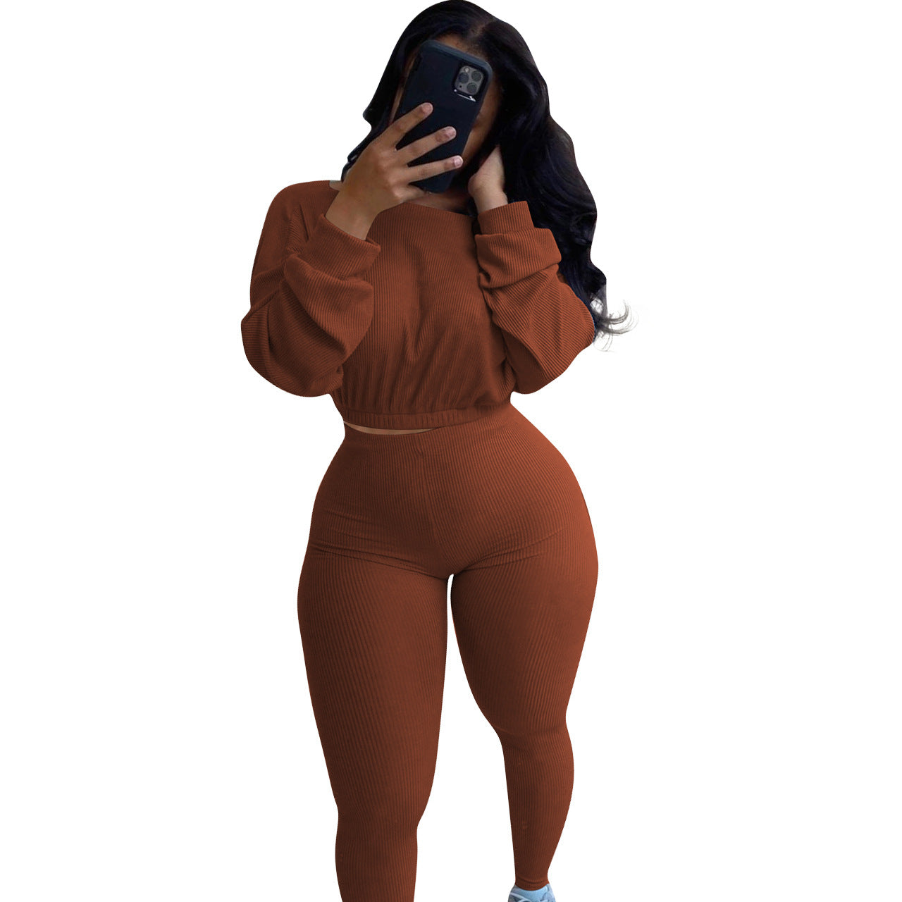 Spring Fall Ladies Clothing Multicolor 2 Piece Jogger Set Woman Boat Neck Elastic Band Casual Rib Activewear Pants Set