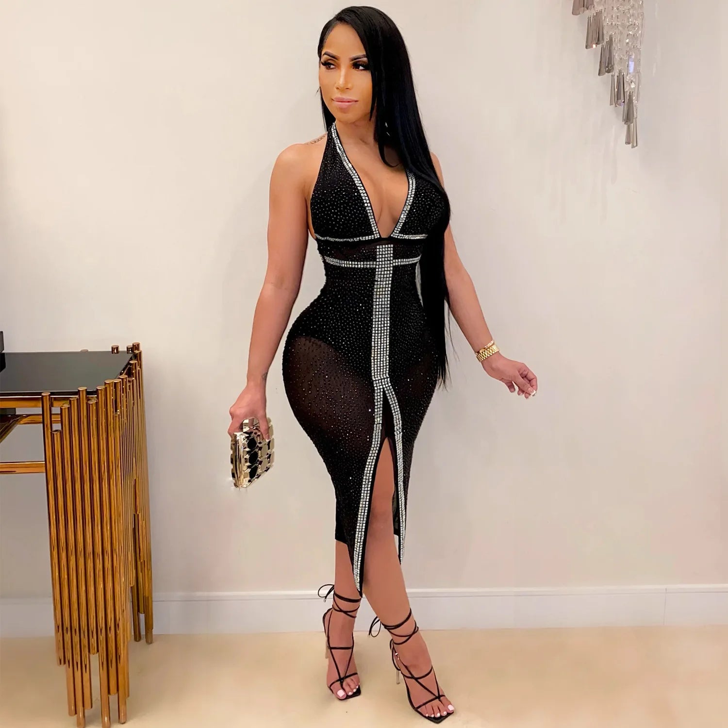 Casual Women Club Fashion Summer Sequin Evening Dresses Mesh Diamond Dress Plus Size Women's Dresses