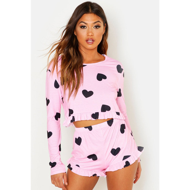 Valentine Pajama Pink Heart Pattern Adult Silk Sexy Pajamas Two Piece Set