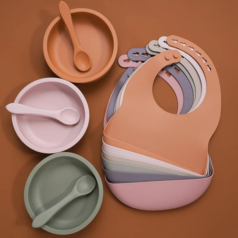 High Quality Silicone Baby Bibs Waterproof Silicone Round Bowl Easily Clean Healthy Soft Feeding Silicone Spoon for Babies