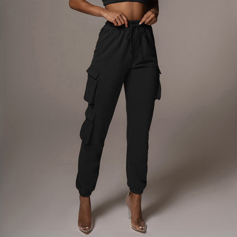 Women's Clothing Fashion Solid Color With Pockets Tie Trousers Sports Pants Casual Cargo Pants