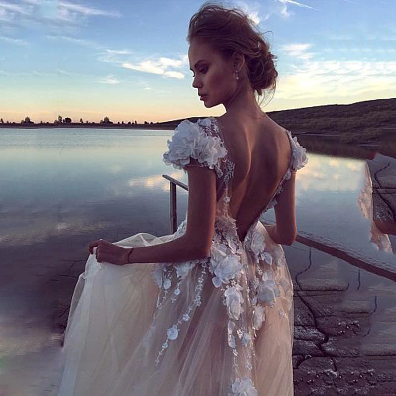 Champagne Boho Wedding Dresses Luxury Sexy Backless Princess Bridal Dress Lace Appliques 3D Flowers Beach Long Wedding Gown - My Store