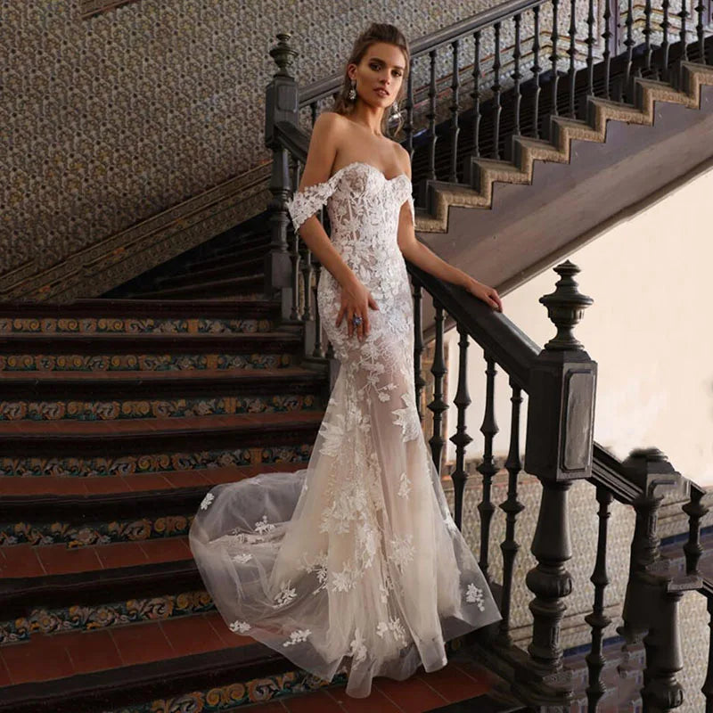 SoDigne Ivory Mermaid Wedding Dresses Off Shoulder Lace Appliques Backless Bridal Dress Luxury Sweep Tail Wedding Gown - My Store