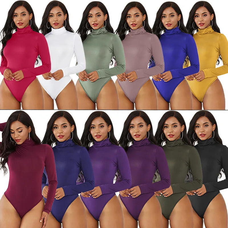 Winter Sexy Long Sleeve High Neck Slim Bodysuit Undershirt 2022 Women's Solid Color Tight Playsuits Jumpsuit - My Store