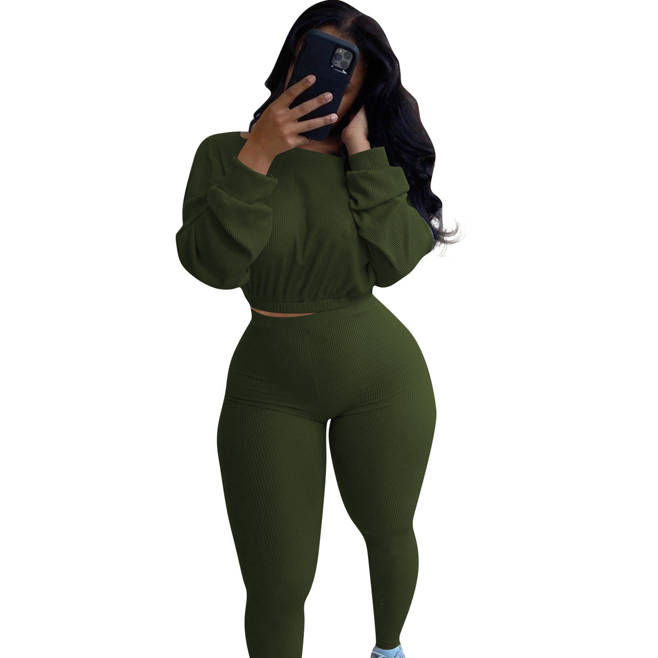 Spring Fall Ladies Clothing Multicolor 2 Piece Jogger Set Woman Boat Neck Elastic Band Casual Rib Activewear Pants Set