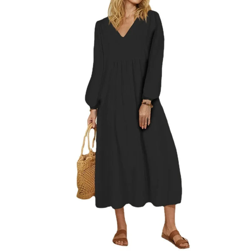 Women Clothing New Casual Dresses Fashion Cotton and Linen Loose Lantern Sleeve Womens Dresses Dress
