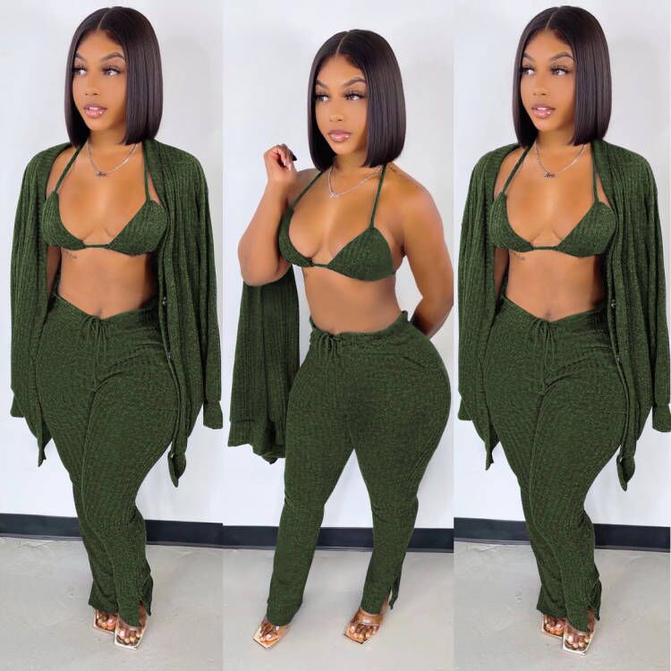 3 Piece Pants Set Winter Outfits for Women Yoga Bra Button Down Shirt and Split Pants Rib Knit Cotton Pant Set Womens Clothing