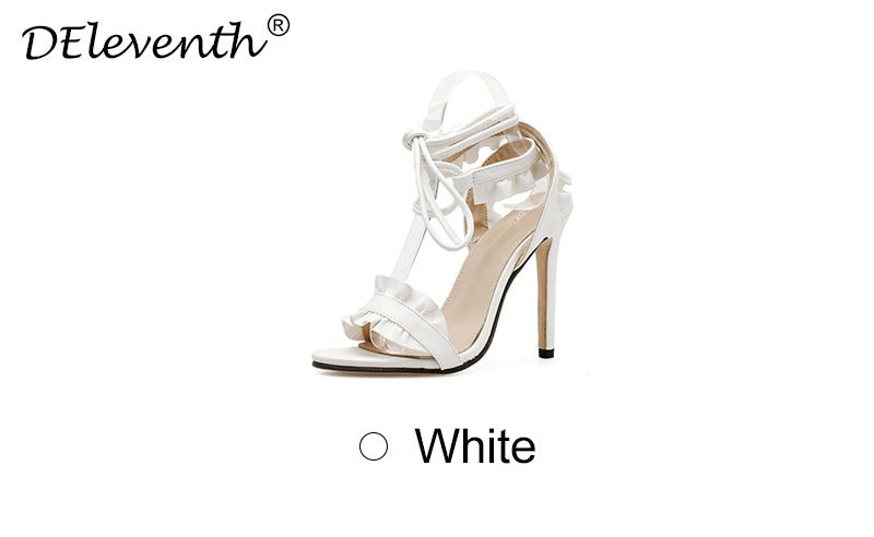Deleventh Shoes 747 Ladies Fashion Ankle Cross Strap High Heels Pencil Heel White Lace Up Sandals Heels for Ladies Stock Sandals