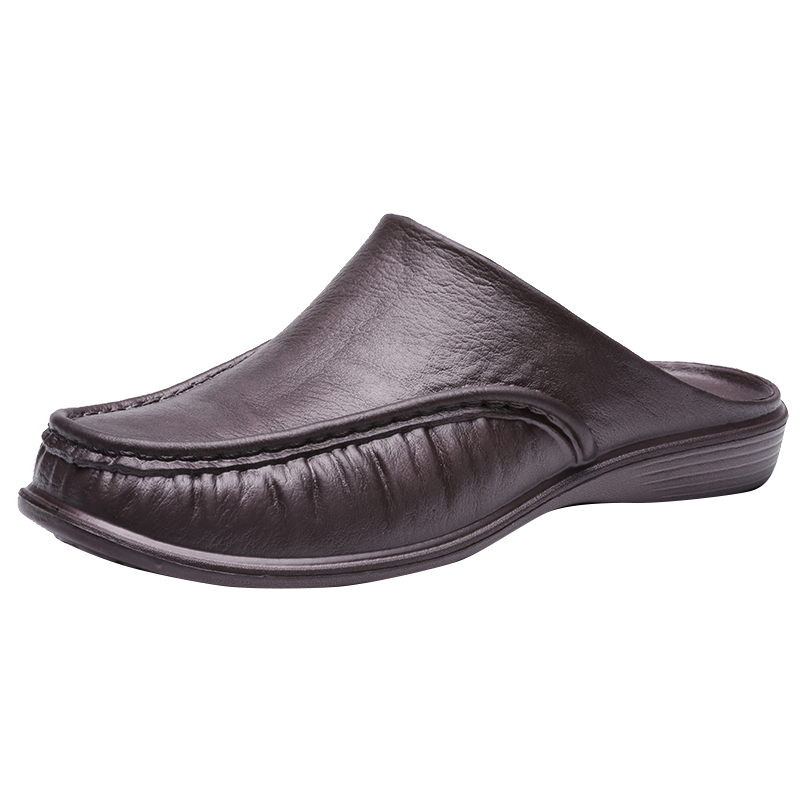 Autumn and Winter Trendy Men's Flat Leather Slippers Casual Anti-Slippery and Breathable With Slip-On Closure and Cushioning