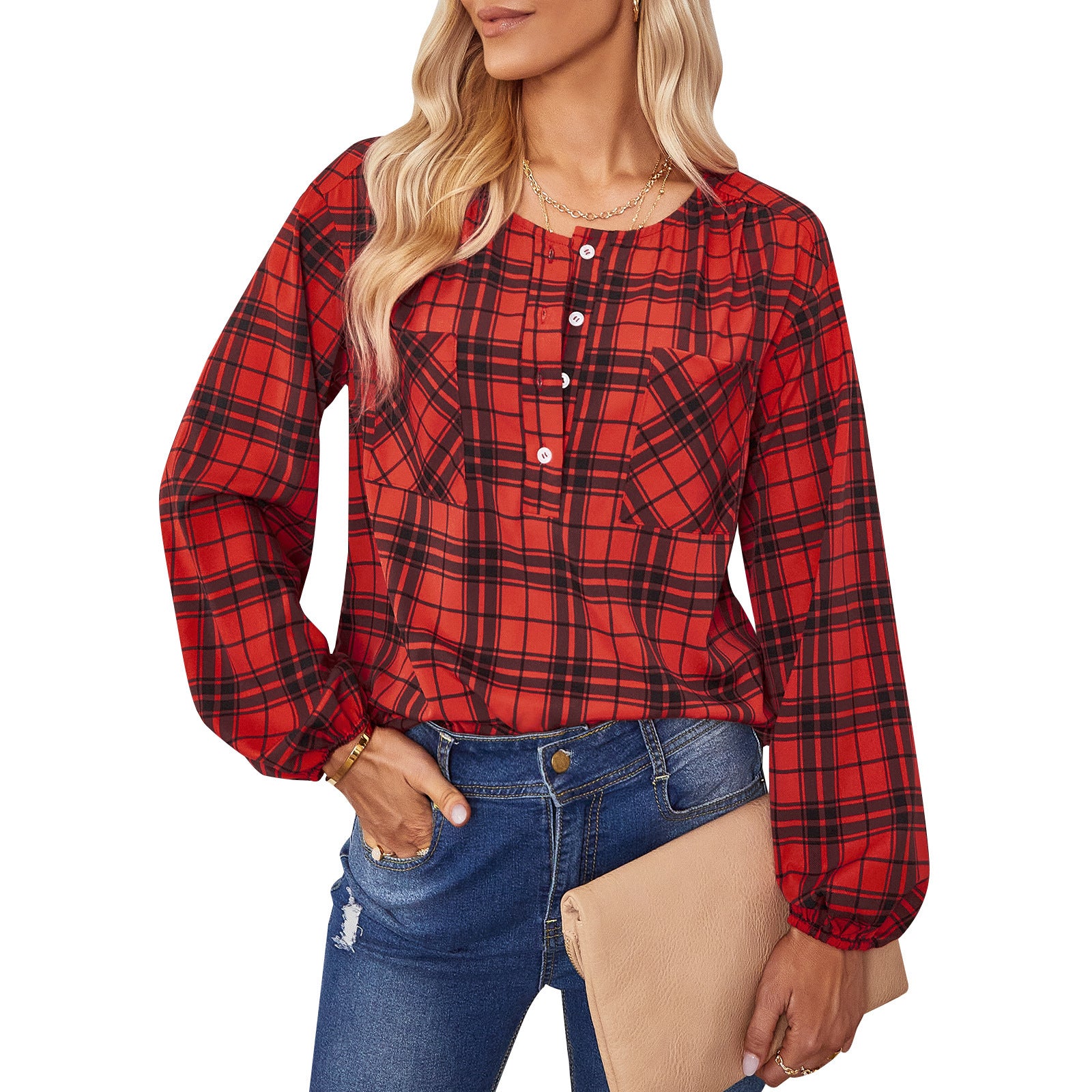 2022 New Fashion Shirts Elegant Blouses Tops Casual Plaid  Design Puff Sleeve Women Blouse Shirt