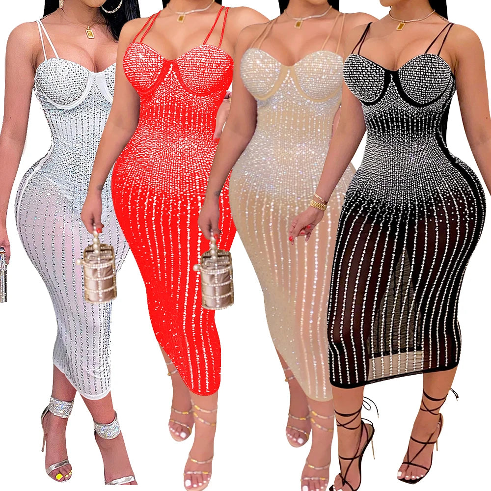 Dresses Women Lady Elegant Party  Birthday  Women Nightclub Rhinestone Dress Evening Dresses