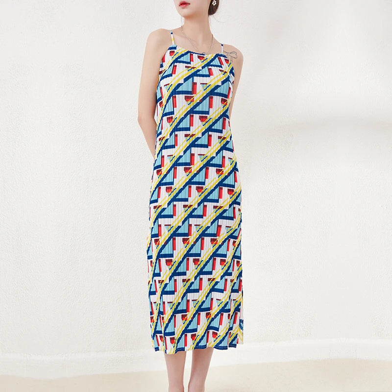 New Summer Miyake Women Pleated Sleeveless Dresses Ladies Casual Halter Dresses Printed Shift Dress
