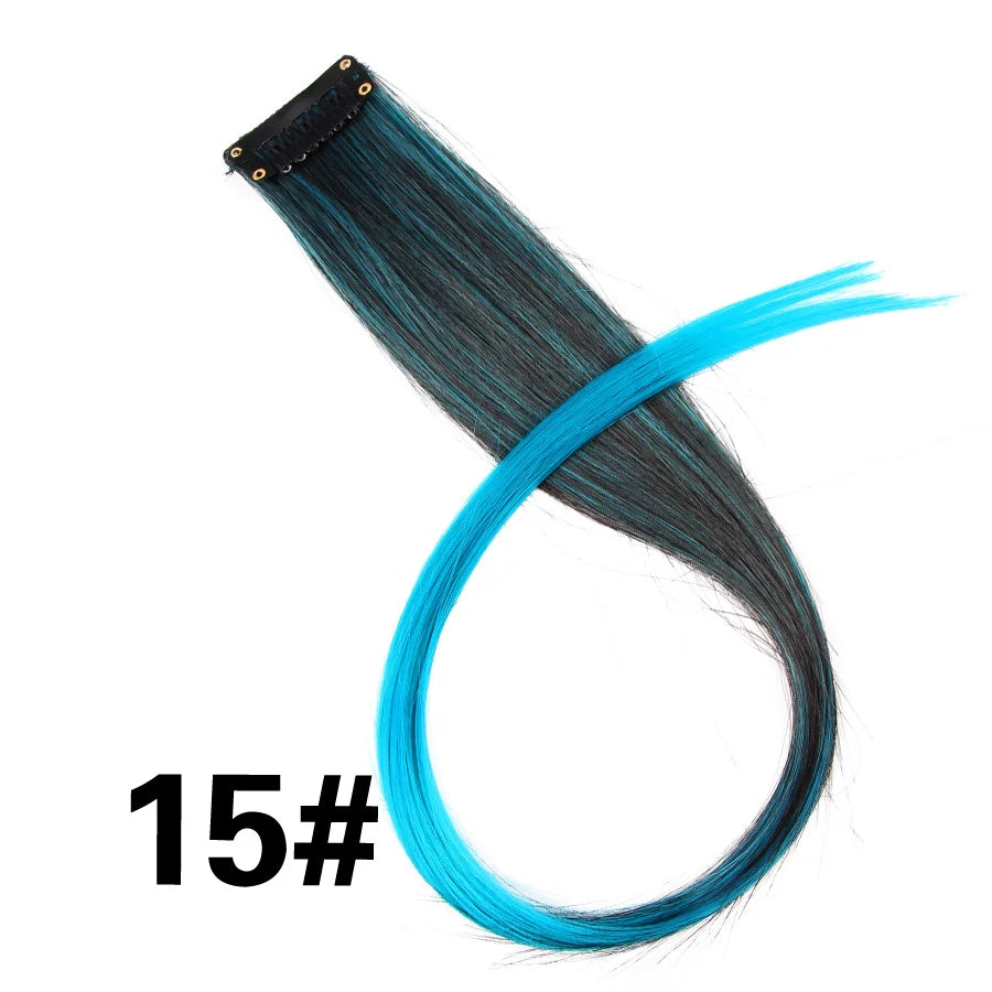 Party Hair Extensions Body Wave Ombre Hairpiece Synthetic Fiber Straight Strands Hair on Hairpins Rainbow Blend in Your Hair