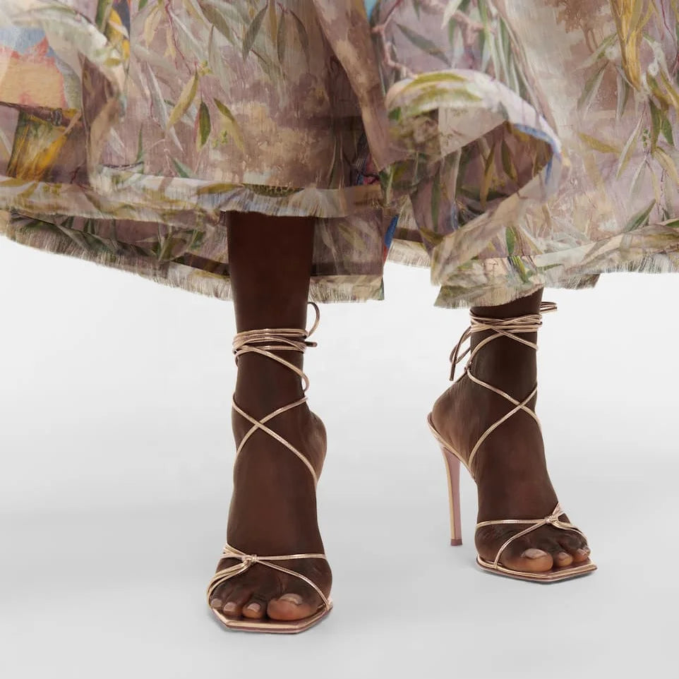 New Arrivals Women Heels 2021 Hot Selling Square Toe Spike Heels Lace Sandals in Gold Pu Leather Women Heel Summer Pumps