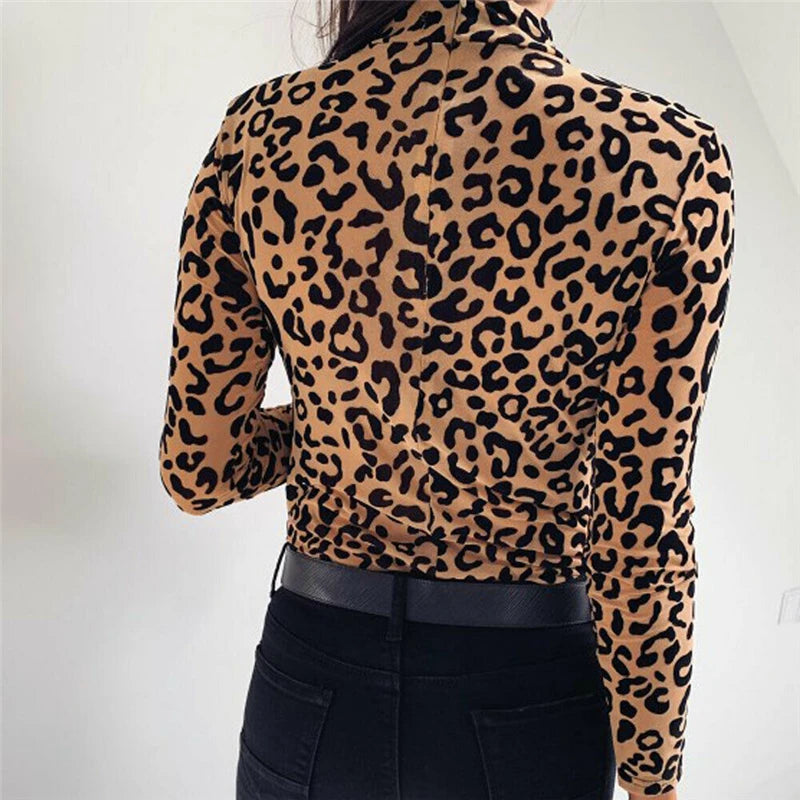 Women Blouses Fashion Leopard Print Turtle Neck Blouse Autumn Long Sleeve Shirts Party Ladies Clothes Womens Blouses and Tops