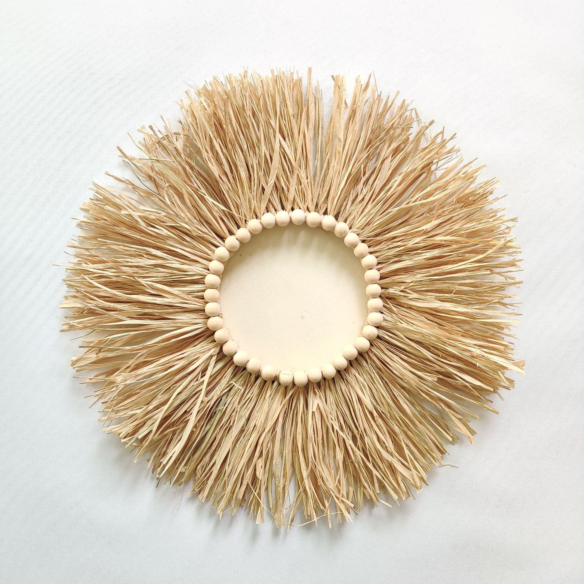 Hot Sales Boho RAFFIA Decor Mirror 45cm Lafite Grass Mirrors Decor Wall Mirrors Decoration With Wood Balls for Home