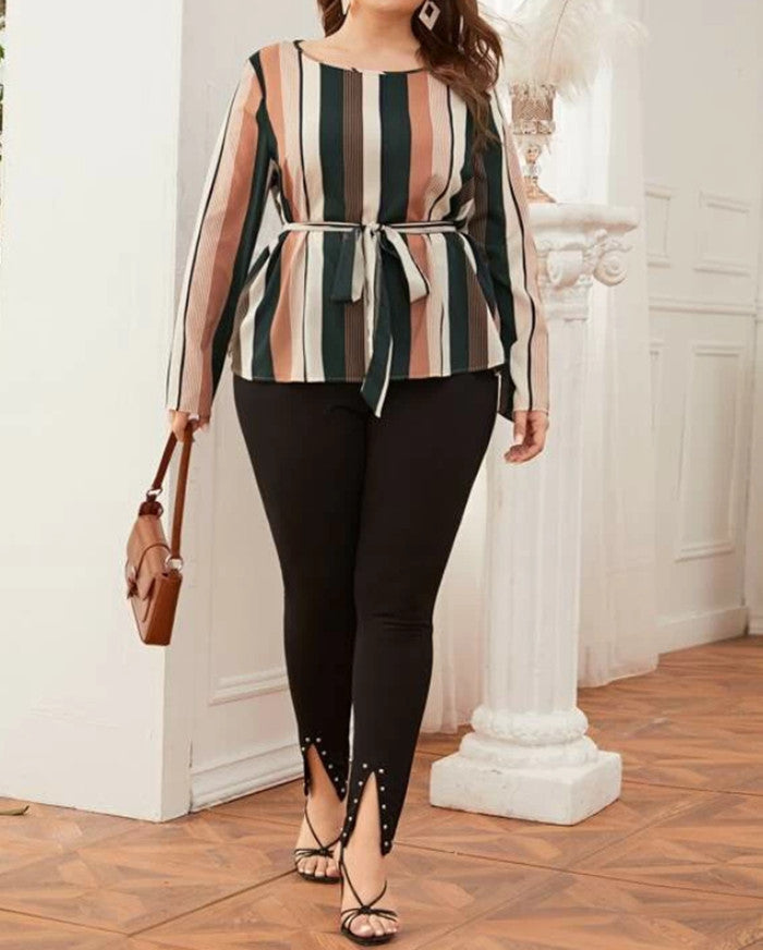 Office Lady Elegant Striped  Blouse Print O-Neck Long Sleeve 2020 New Autumn Blouses