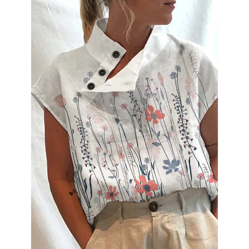 Leisure Summer Women Tops Blouse Vintage Floral Print Short Sleeve White Blouses Casual Buttons Slit Stand Neck Blouse