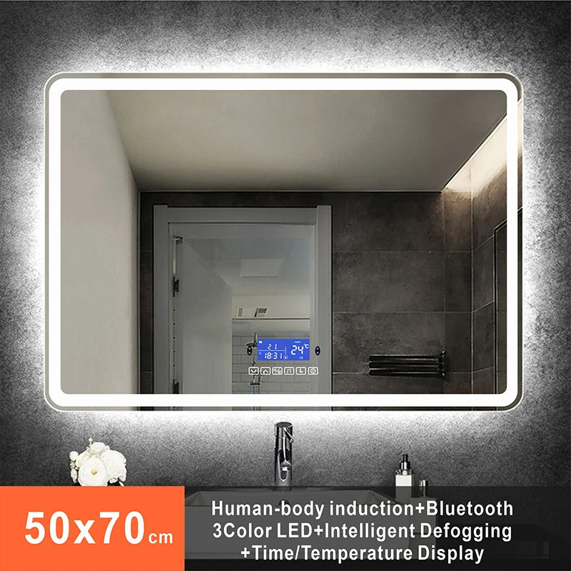 60x80cm Rectangle Bluetooth Smart Bathroom Makeup Mirror With LED Warm White Light Human Body Induction Anti-Fog Beauty Mirrors