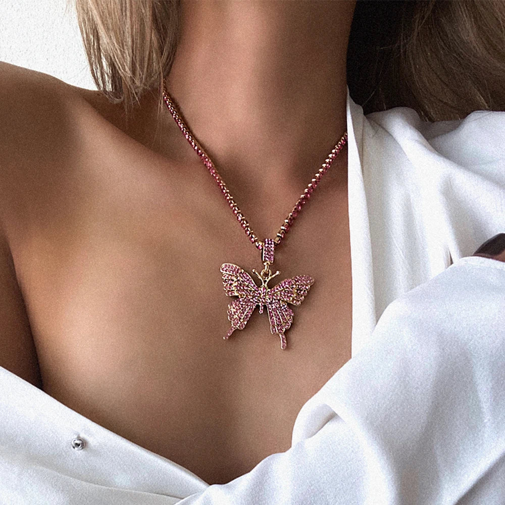 Pink Butterfly Necklace Chain  Jewelry Luxury Female Crystal Neck Pendants Women Rhinestones Jewellery Wholesale