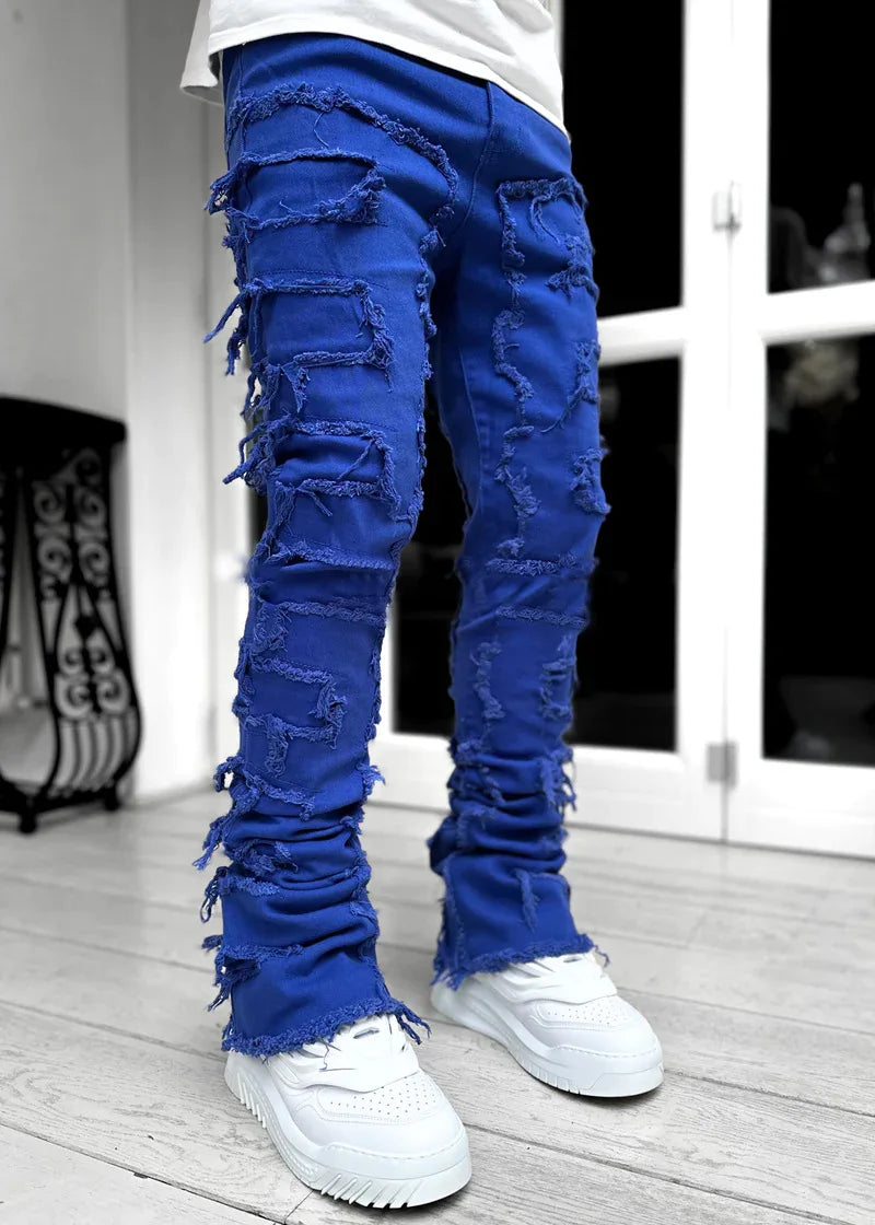Designer Patch Stretch Stacked Jeans Men Man Jean Trouser Mens in Bulk Wholesale Ripped Jeans