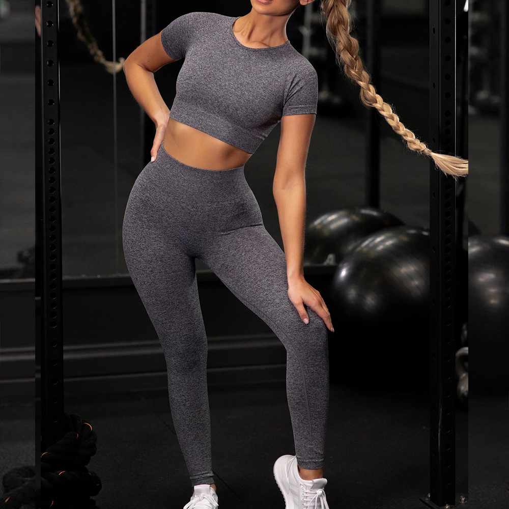 Factory New Design Seamless Fitness Crop Tops and Tight Pants Ladies  2 Pcs Seamless Sportswear Fit Activewear Set for Women
