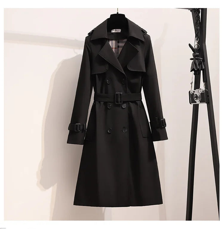 OUDINA Fashion New Sashes Double-Breasted Solid Retro Mid-Length Coat Simple Elegant Trench Coats Casual Women Coat