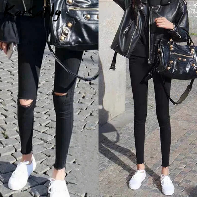 Skinny Ripped Jeans for Women Stretch High Waist Black Jeans With Holes Destroyed Women Denim Pants With Holes Summer Jean