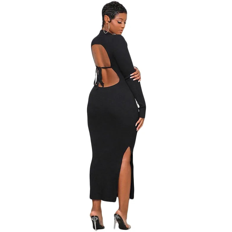 2022 Hot Sell Summer v Neck Bodycon Casual Backless Dresses Elegant Sexy Long Sleeve Dress for Women - My Store