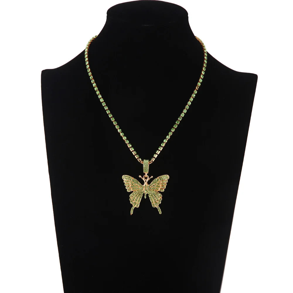 Pink Butterfly Necklace Chain  Jewelry Luxury Female Crystal Neck Pendants Women Rhinestones Jewellery Wholesale