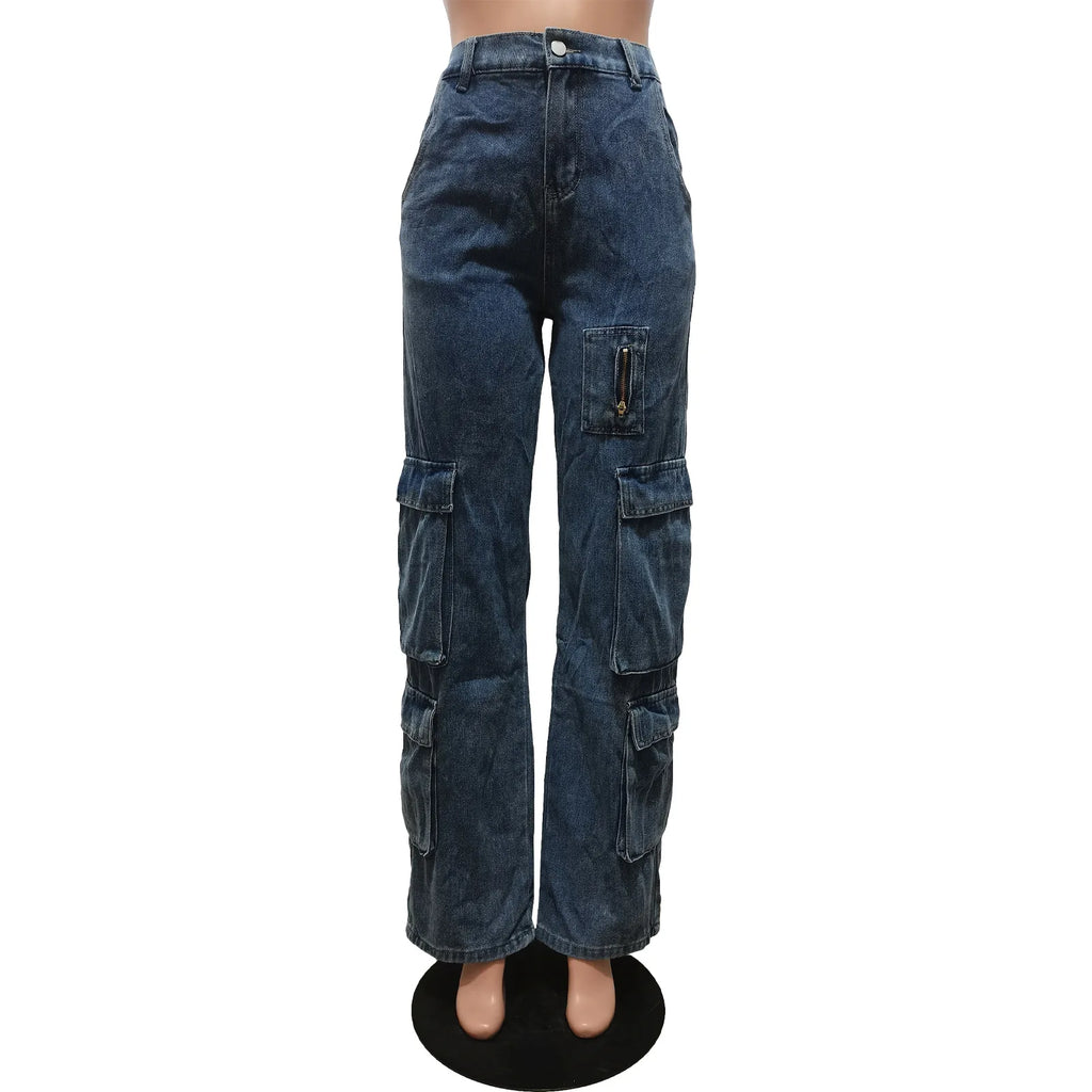 Streetwear Women's Jean Pants Straight Blue Ladies Denim Cargo Trousers Woman 6 3D Pockets Cargo Jeans Wide Leg Jeans for Women
