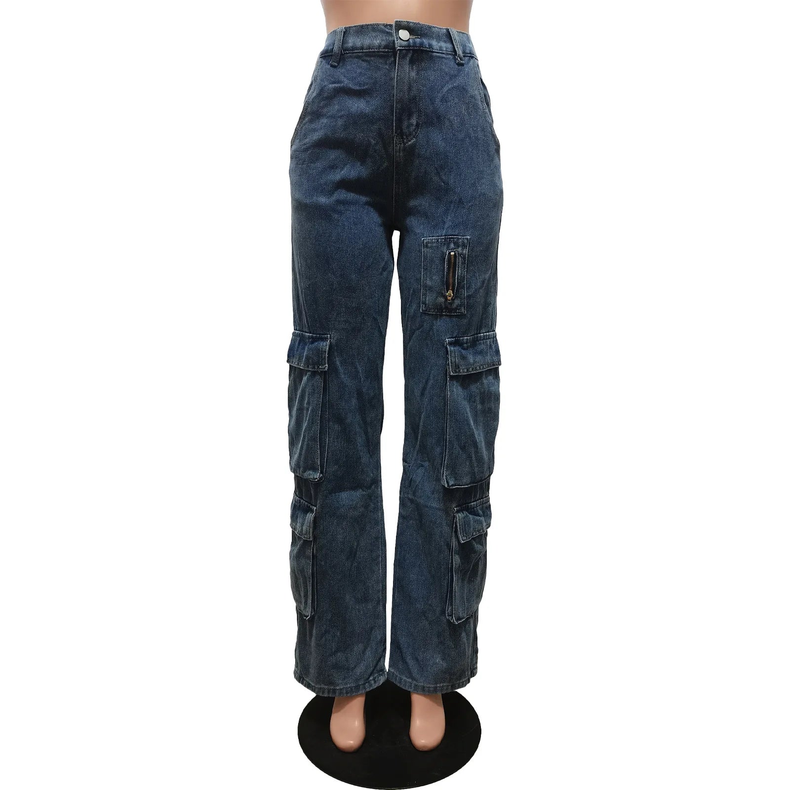 Streetwear Women's Jean Pants Straight Blue Ladies Denim Cargo Trousers Woman 6 3D Pockets Cargo Jeans Wide Leg Jeans for Women