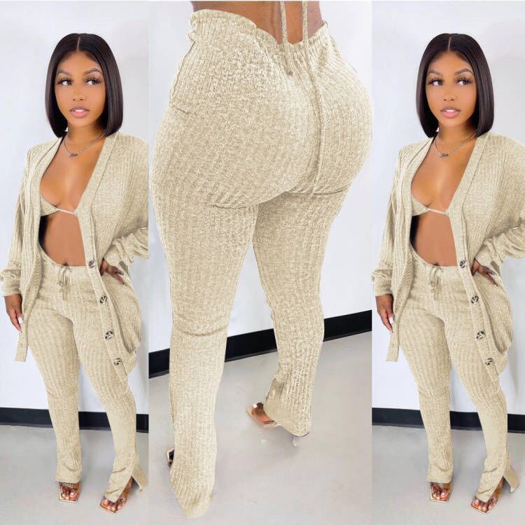 3 Piece Pants Set Winter Outfits for Women Yoga Bra Button Down Shirt and Split Pants Rib Knit Cotton Pant Set Womens Clothing