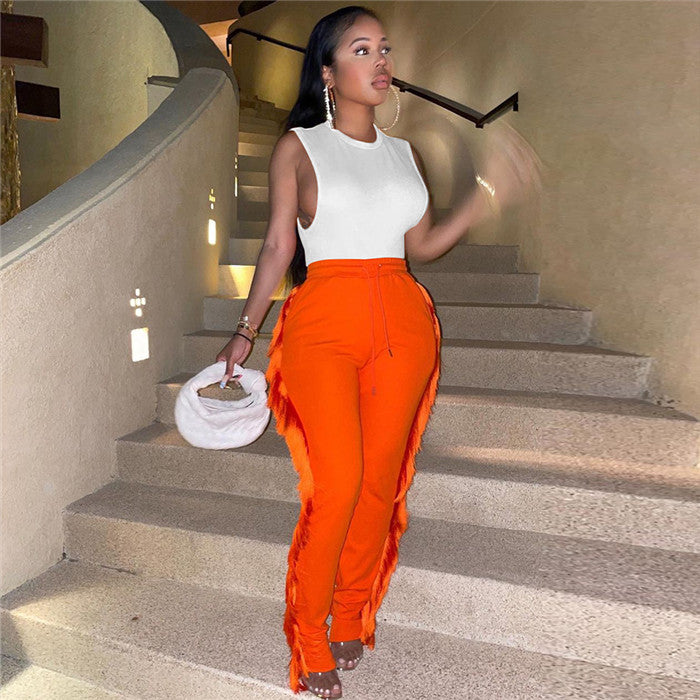 S0255-Spring Women Clothing Orange Fringe Pants Tassel Women Pant Stock
