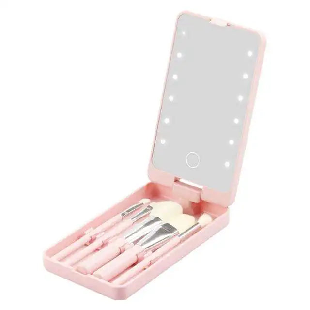 Private Label Cosmetics Led Makeup Mirror Carry Brushes Storage Box Rotating Folding Mirror Makeup Brush Set 5 Pcs - My Store