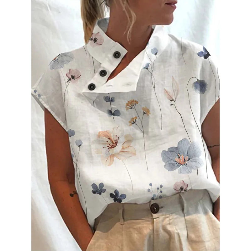Leisure Summer Women Tops Blouse Vintage Floral Print Short Sleeve White Blouses Casual Buttons Slit Stand Neck Blouse
