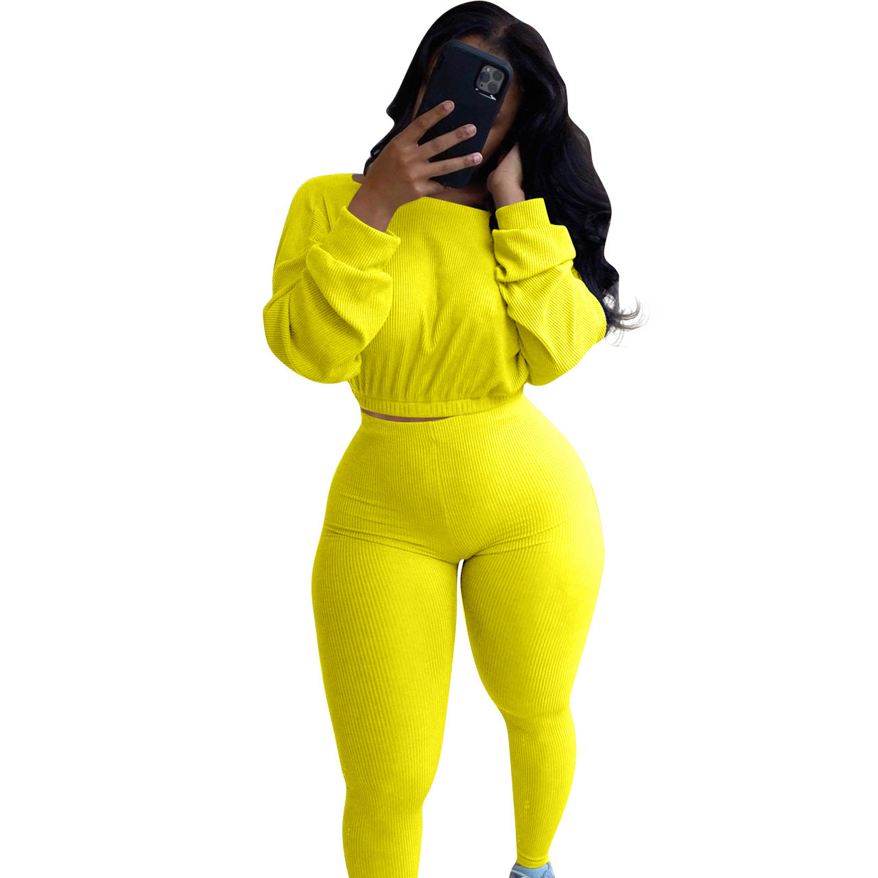 Spring Fall Ladies Clothing Multicolor 2 Piece Jogger Set Woman Boat Neck Elastic Band Casual Rib Activewear Pants Set