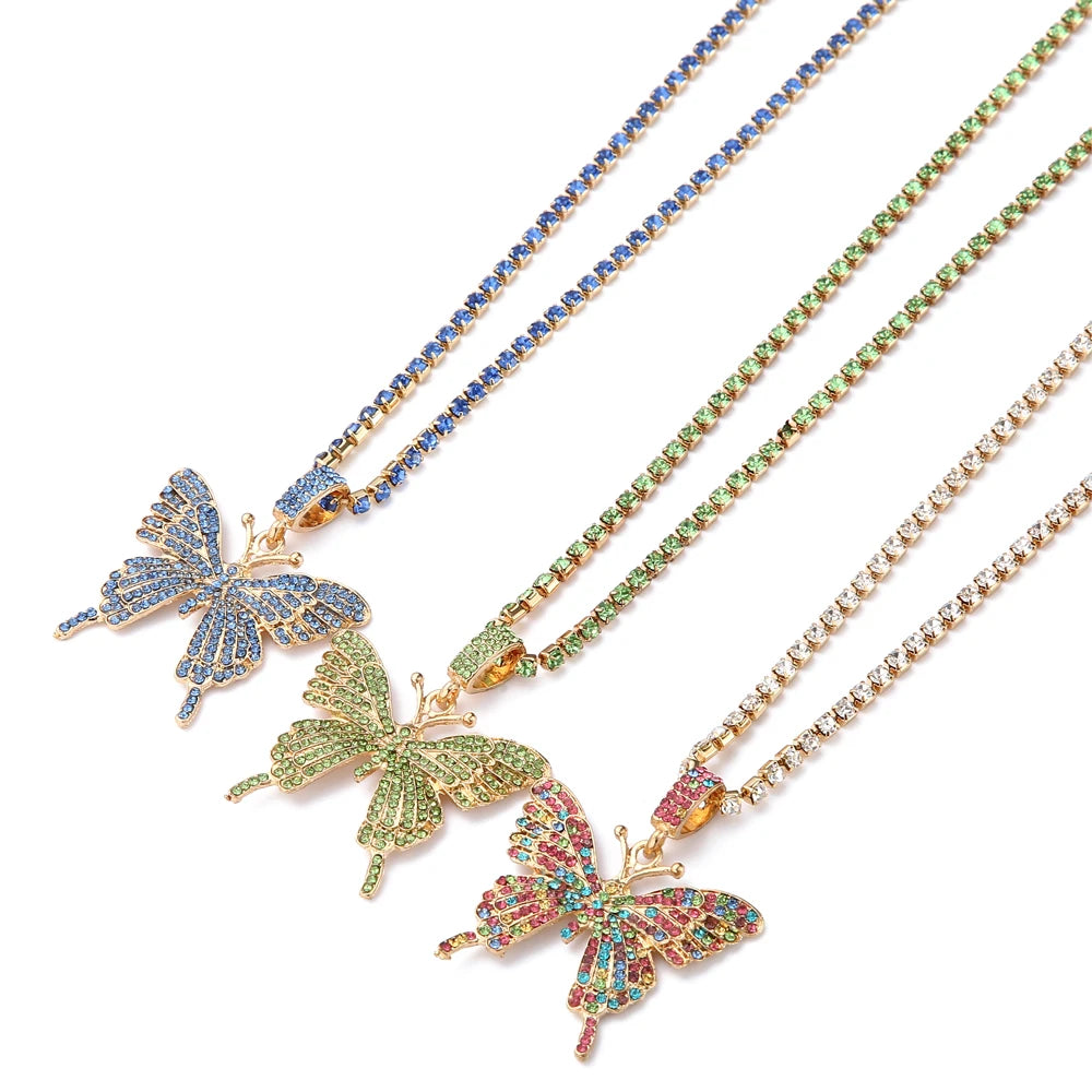 Pink Butterfly Necklace Chain  Jewelry Luxury Female Crystal Neck Pendants Women Rhinestones Jewellery Wholesale