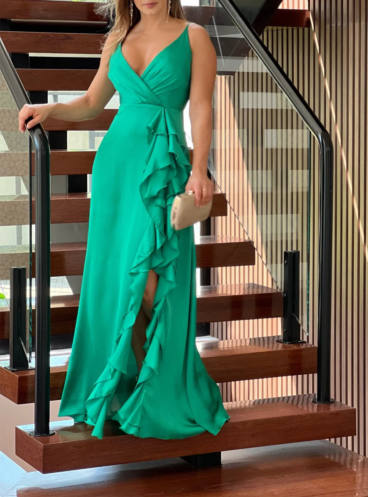2025 Hot Selling Spaghetti Strap V-Neck Bridesmaid Dresses Wedding High Waist Ruffle Slit Party Dresses Women Evening Dress - My Store