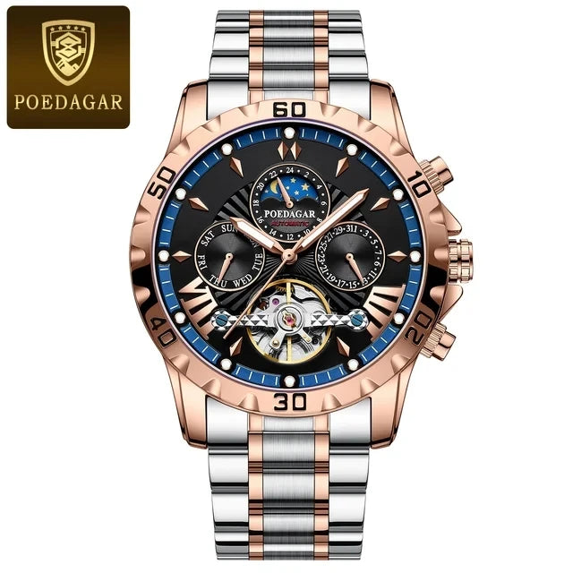 POEDAGAR 1410 Tourbillon Man Watch Waterproof Automatic Mechanical Watches for Men Luminous Multi-Function Men's Wrist Watches