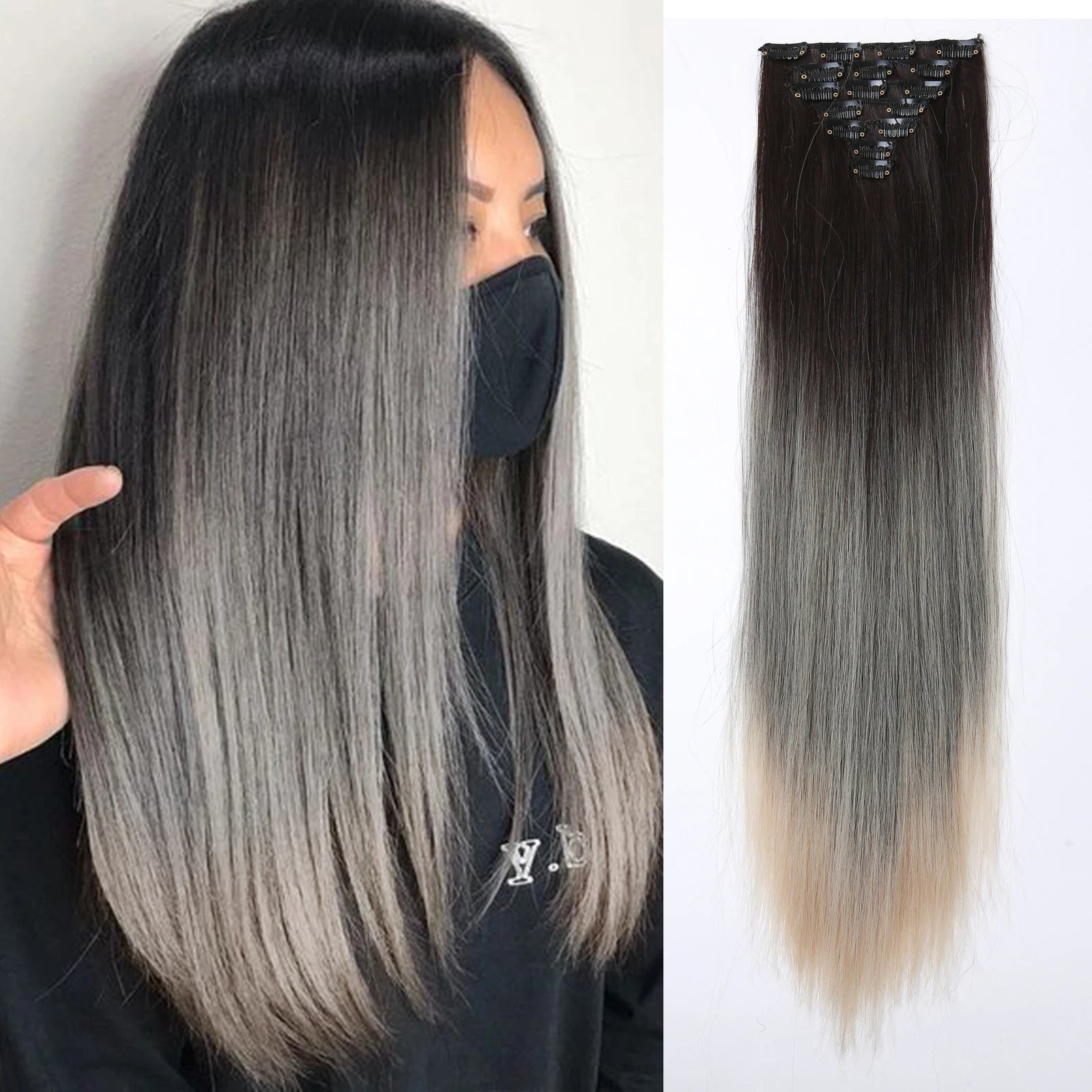 Two-Color Gradient Clip Hair Extension 24" Synthetic Wig Band Clip Clip in Hair Extensions