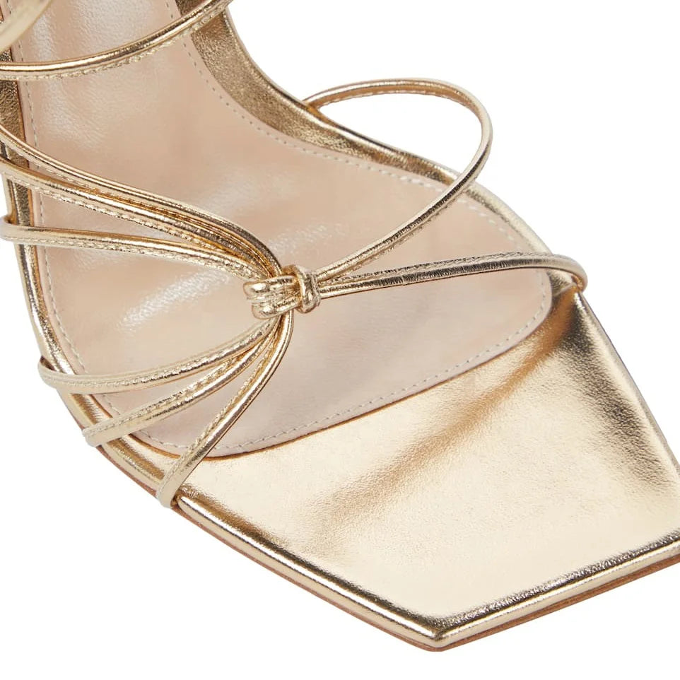 New Arrivals Women Heels 2021 Hot Selling Square Toe Spike Heels Lace Sandals in Gold Pu Leather Women Heel Summer Pumps