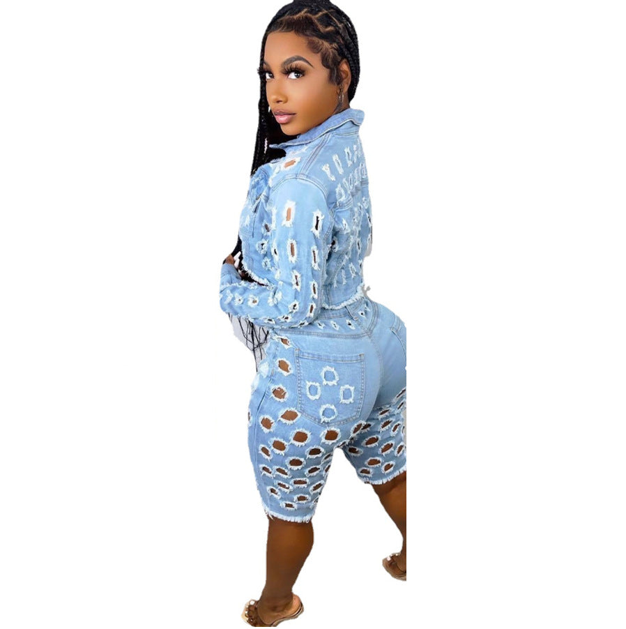 Fall  Women Denim Sets Jeans Jackets Ripped Jeans Women Shorts Sets Two Piece Outfits Denim Jean Sets for Women