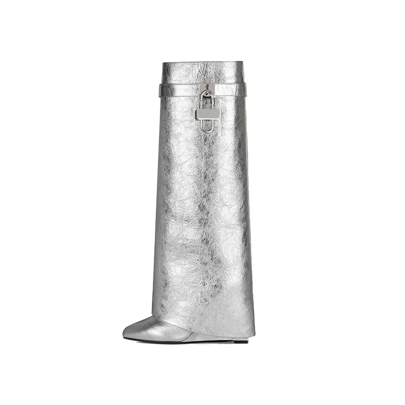 Silver Shark Boots Women Luxury Knee High Boot Designer Shoes Ladies Wedge Fold Boots New Fashion High Heels