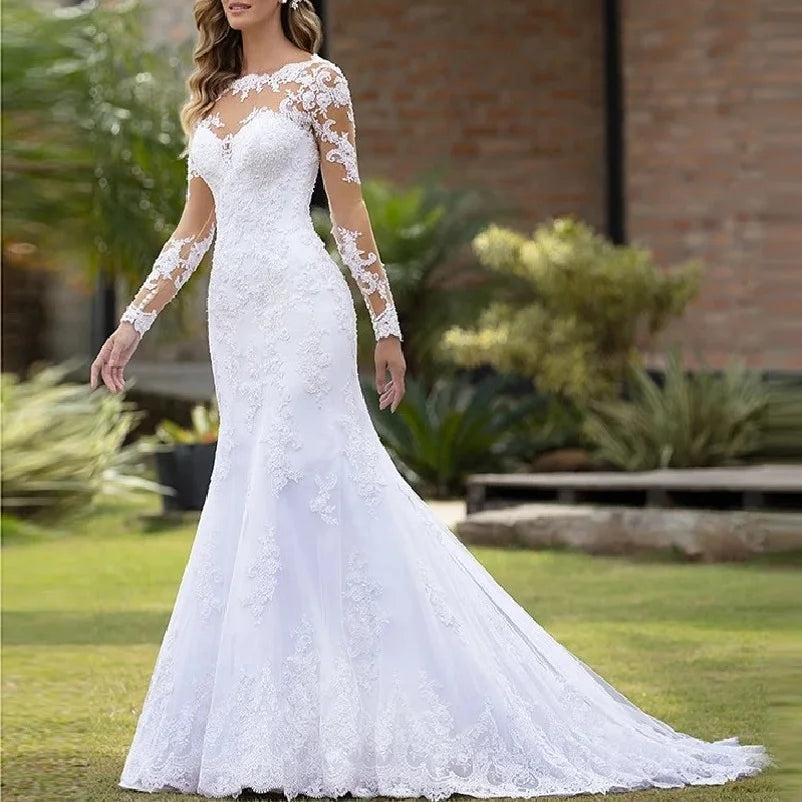 Mermaid Wedding Dresses Long Sleeve O Neck White Wedding Dress Lace Applique Beading Bride Dress Robe De Mariage Customize - My Store