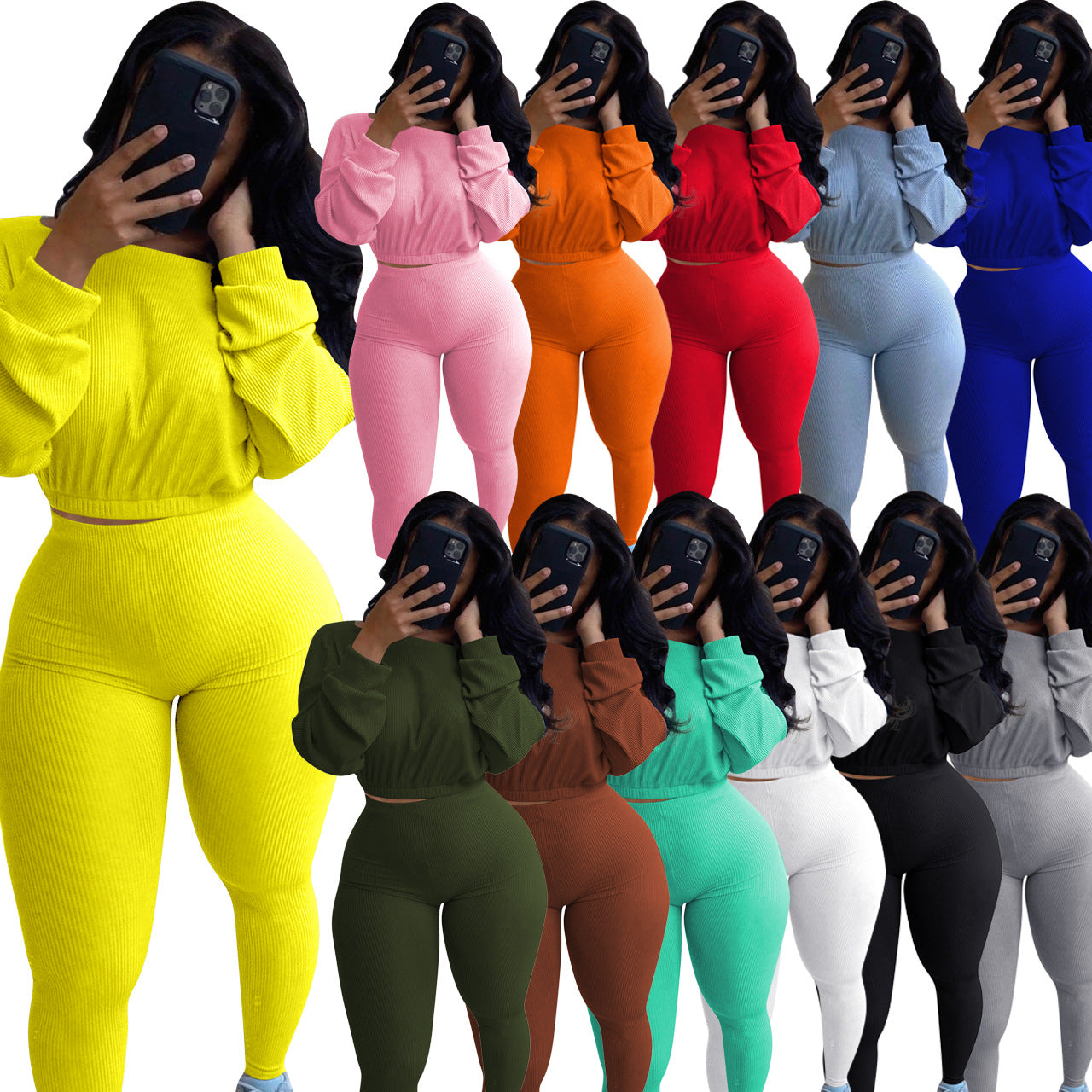 Spring Fall Ladies Clothing Multicolor 2 Piece Jogger Set Woman Boat Neck Elastic Band Casual Rib Activewear Pants Set